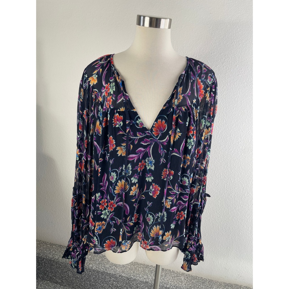 Ramy Brook Womens Large Floral‎ V Neck Blouse Long Sleeve Smocked Cuff Top